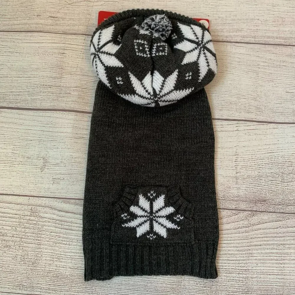 Friends Forever Gray and White Snowflake Dog Sweater with Pom Pom Hoodie Size S